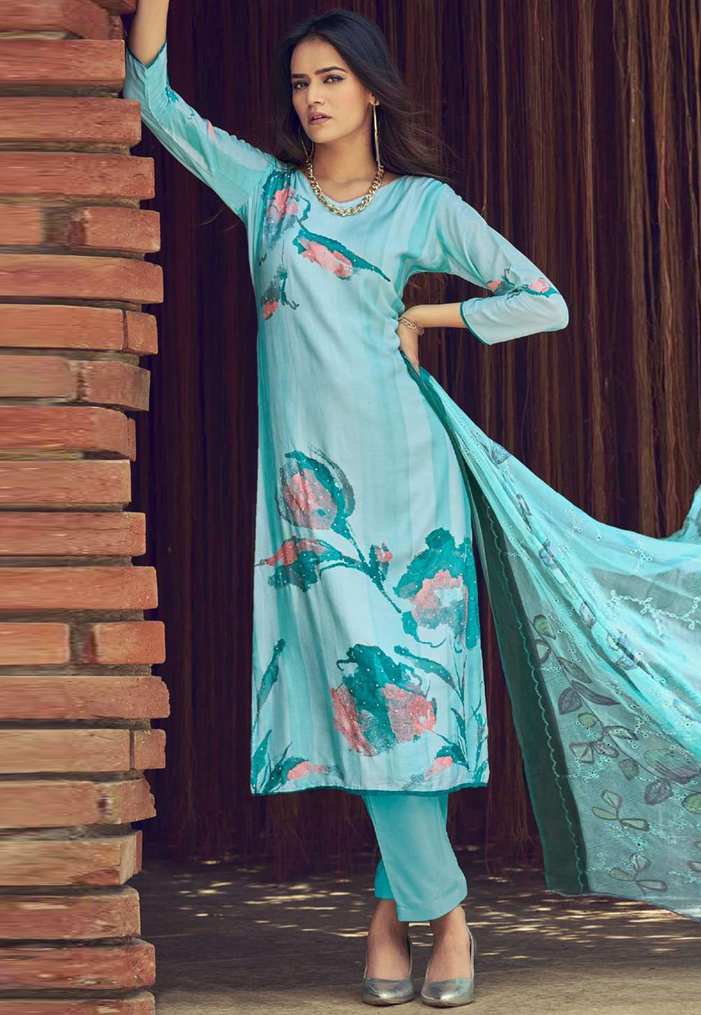 Sky Blue Muslin Pant Style Suit 310154