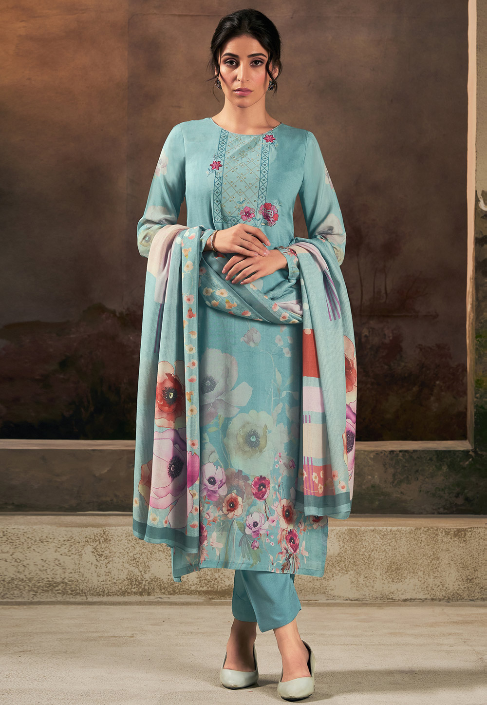 Sky Blue Muslin Pant Style Suit 311047