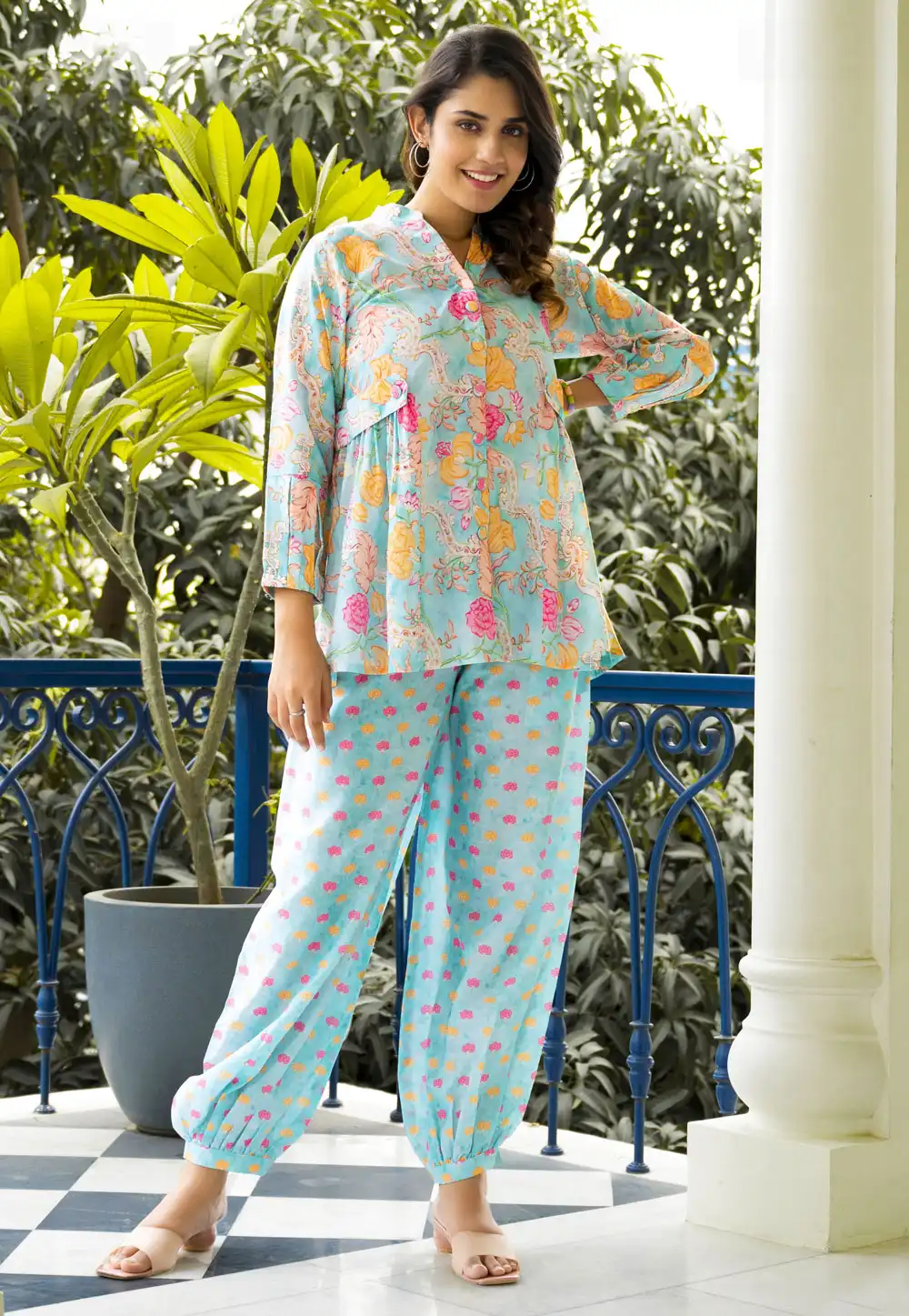 Sky Blue Muslin Printed Co-Ords Set 293009