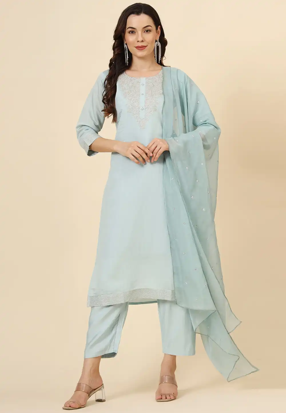 Sky Blue Muslin Readymade Pakistani Suit 294259