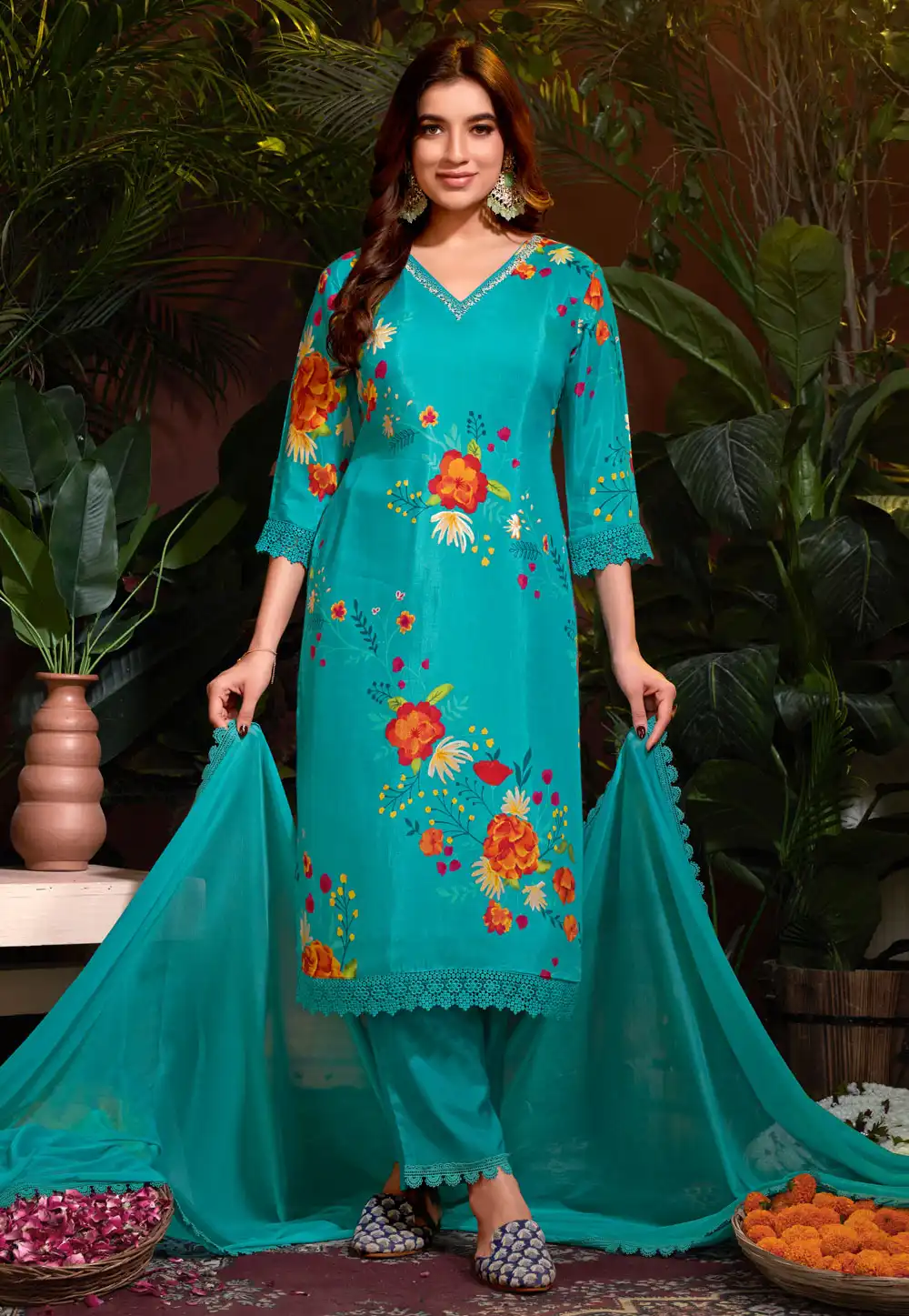 Turquoise Muslin Readymade Pakistani Suit 288135