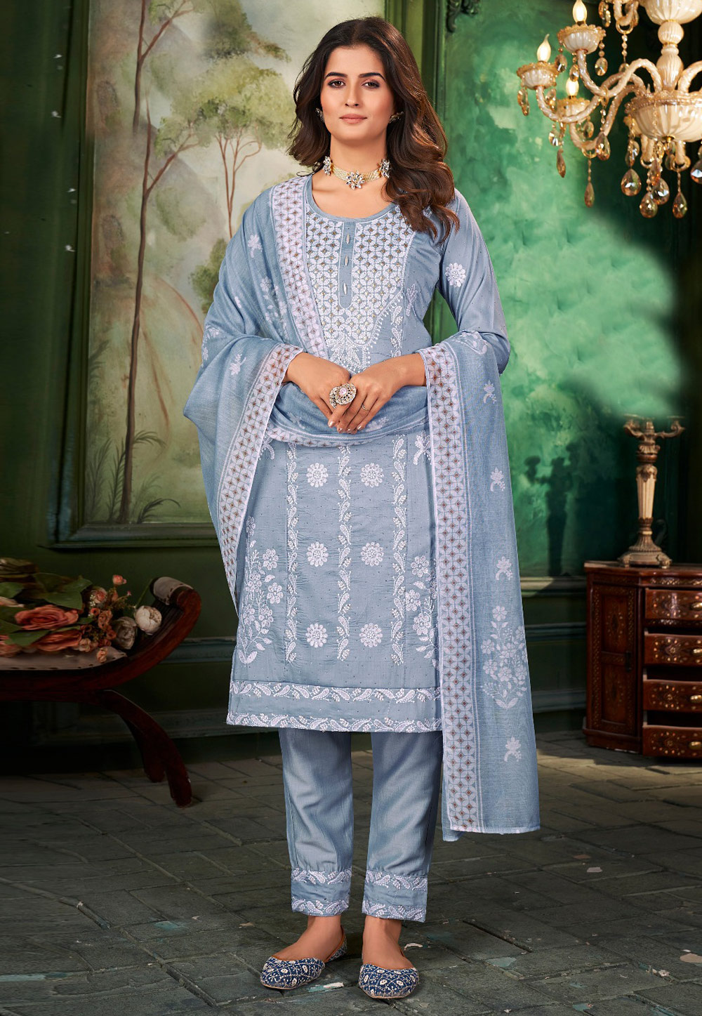 Sky Blue Muslin Readymade Pant Style Suit 305888