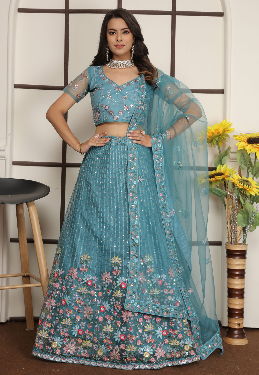 Sky Blue Net A Line Lehenga Choli 286843