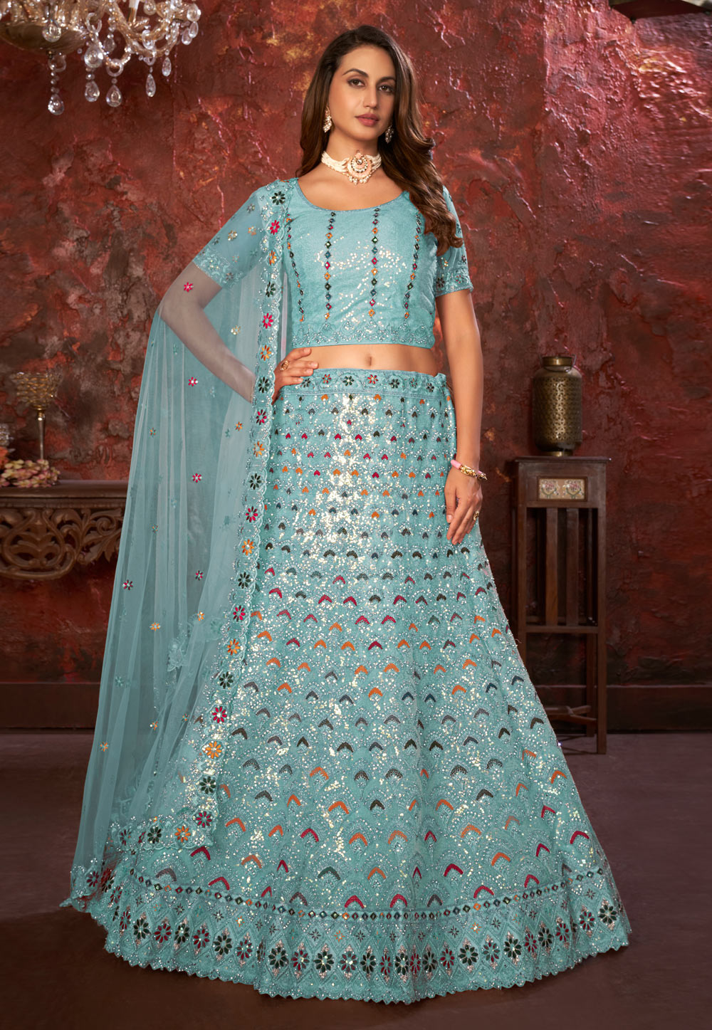 Sky Blue Net A Line Lehenga Choli 278090