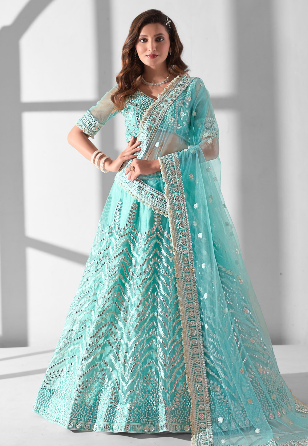 Sky Blue Net Circular Lehenga Choli 286005