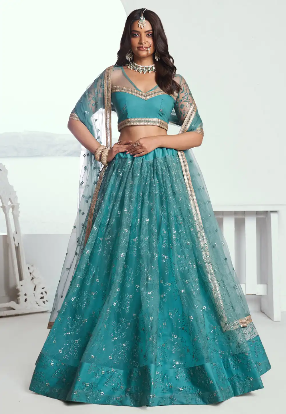 Sky Blue Net Circular Lehenga Choli 294290