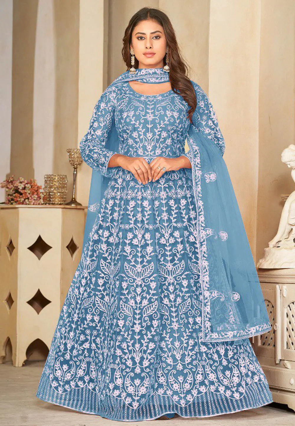 Sky Blue Net Embroidered Anarkali Suit 300901