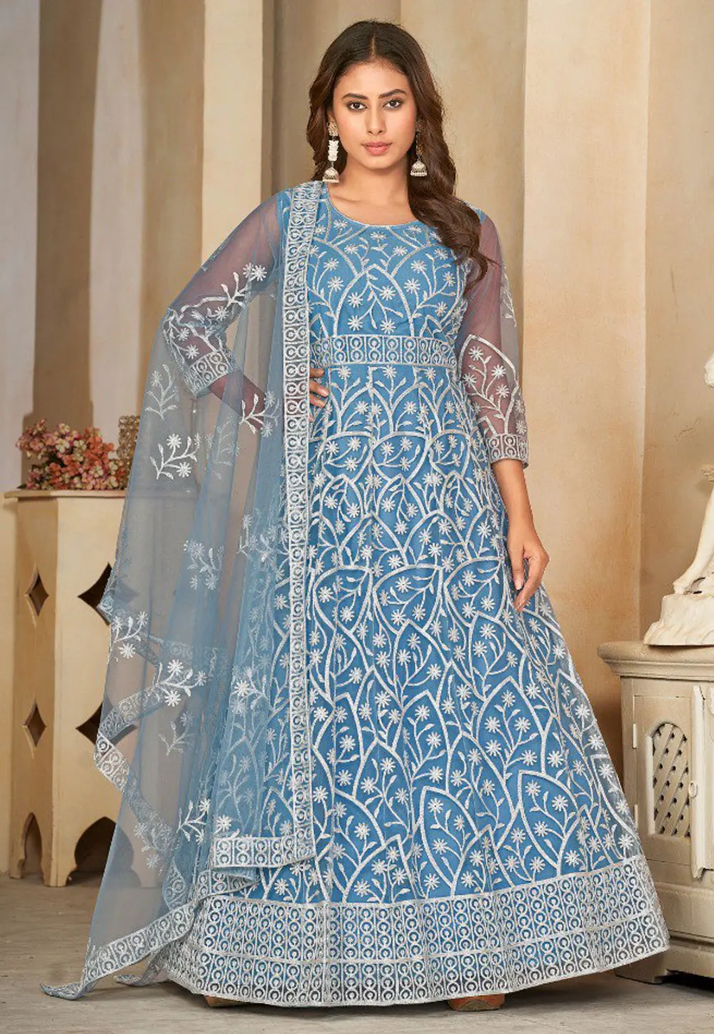 Sky Blue Net Embroidered Anarkali Suit 300904