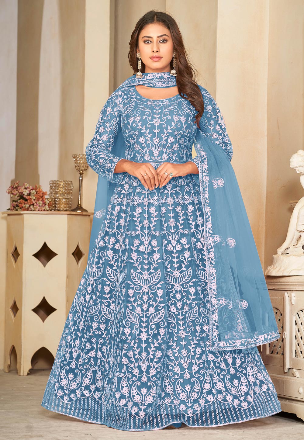 Sky Blue Net Embroidered Floor Length Anarkali Suit 287086