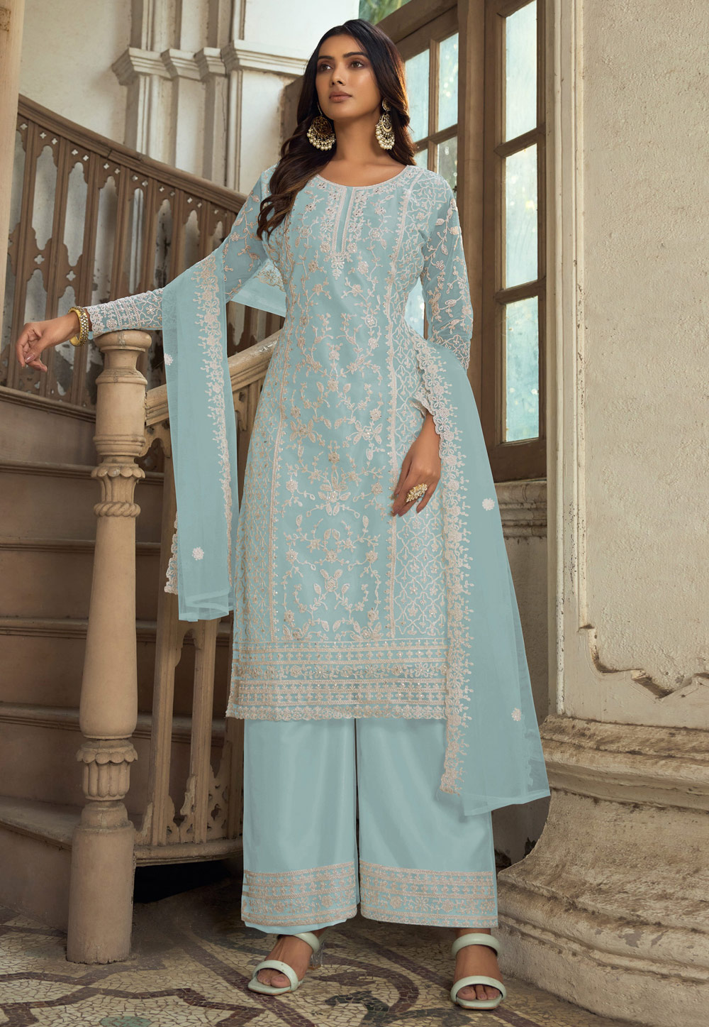 Sky Blue Net Embroidered Pakistani Suit 278505