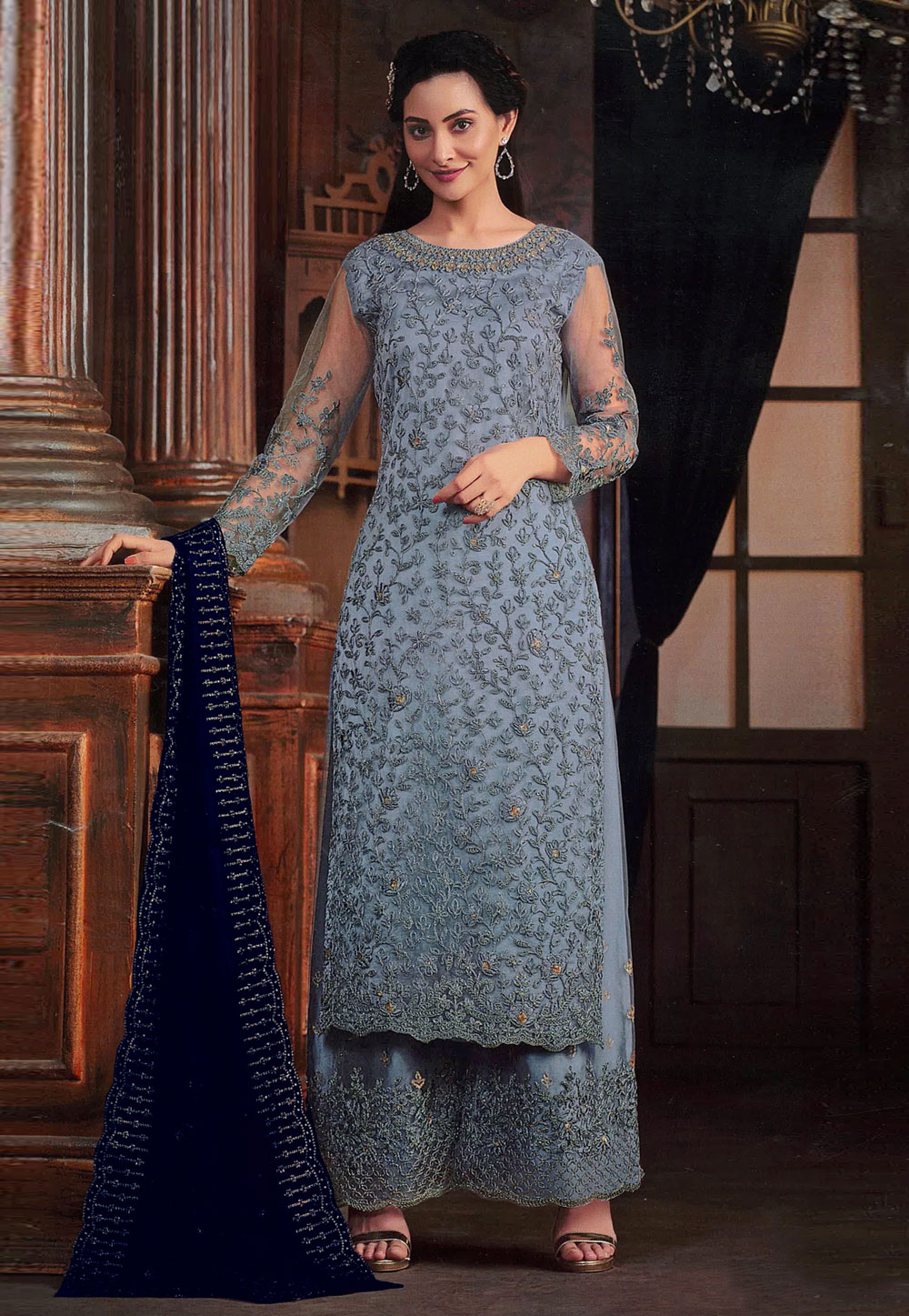 Sky Blue Net Embroidered Palazzo Suit 284418