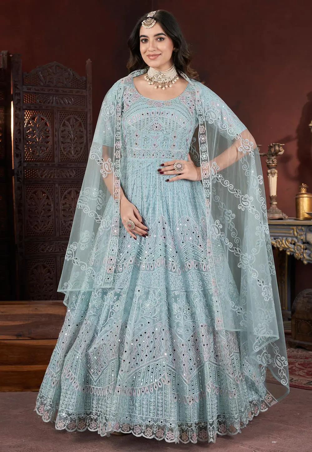 Sky Blue Net Embroidered Readymade Anarkali Suit 299541