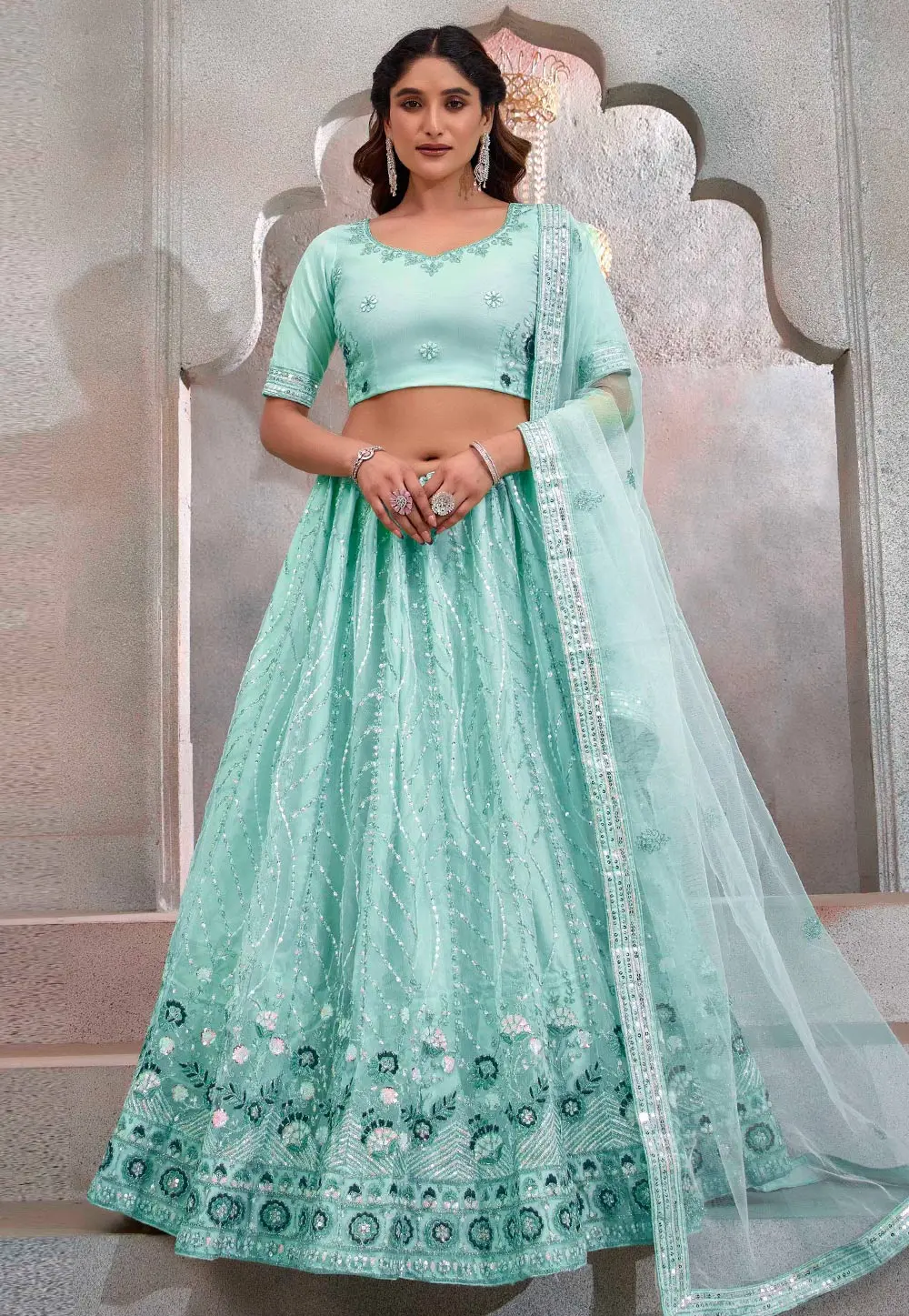 Sky Blue Net Lehenga Choli 302365