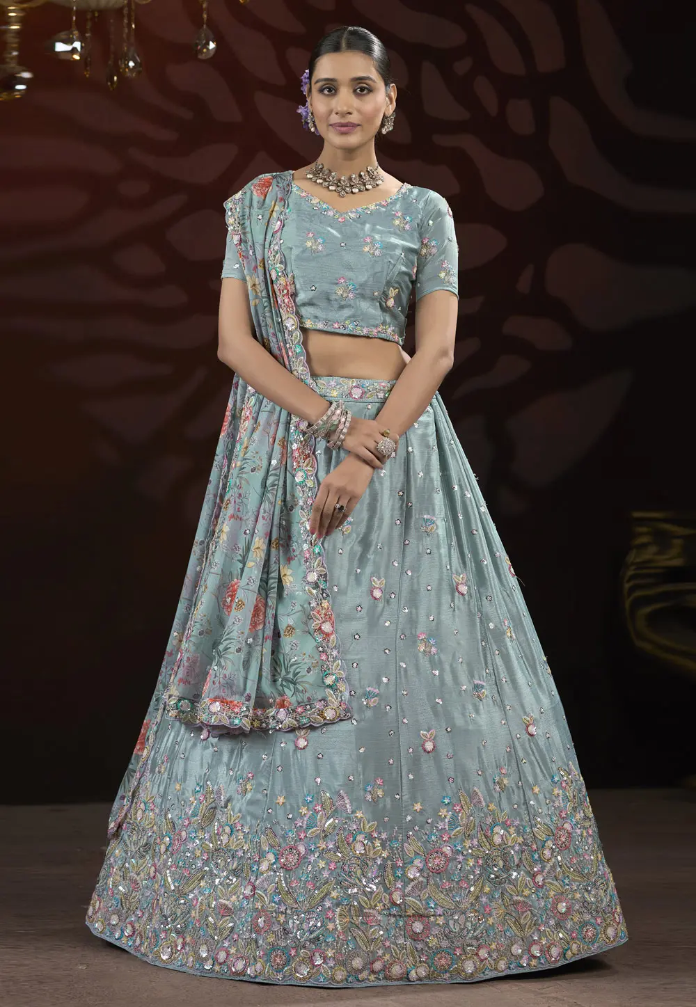 Sky Blue Net Lehenga Choli 301766