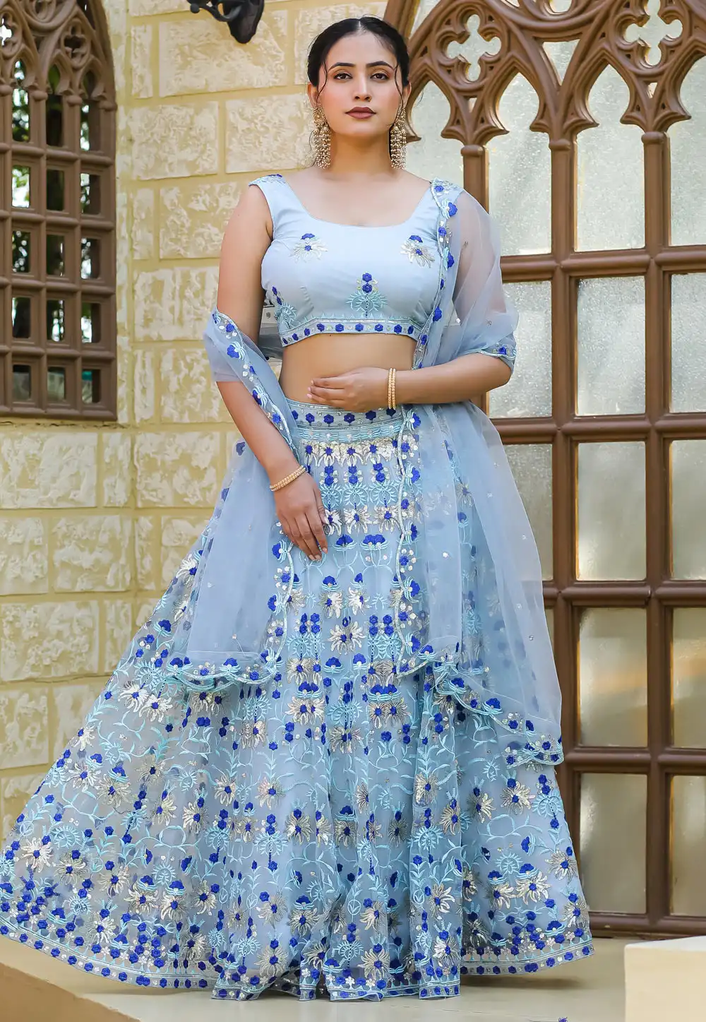 Sky Blue Net Lehenga Choli 293356