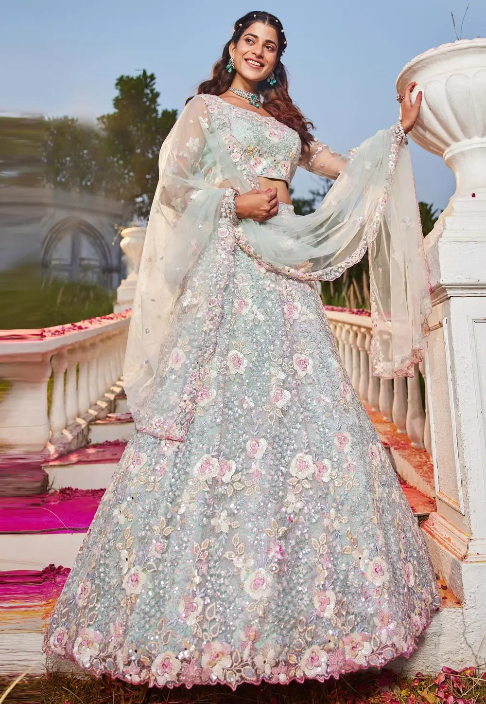 Sky Blue Net Lehenga Choli 304213