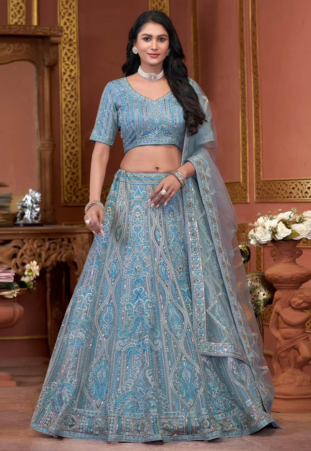 Sky Blue Net Lehenga Choli 303909