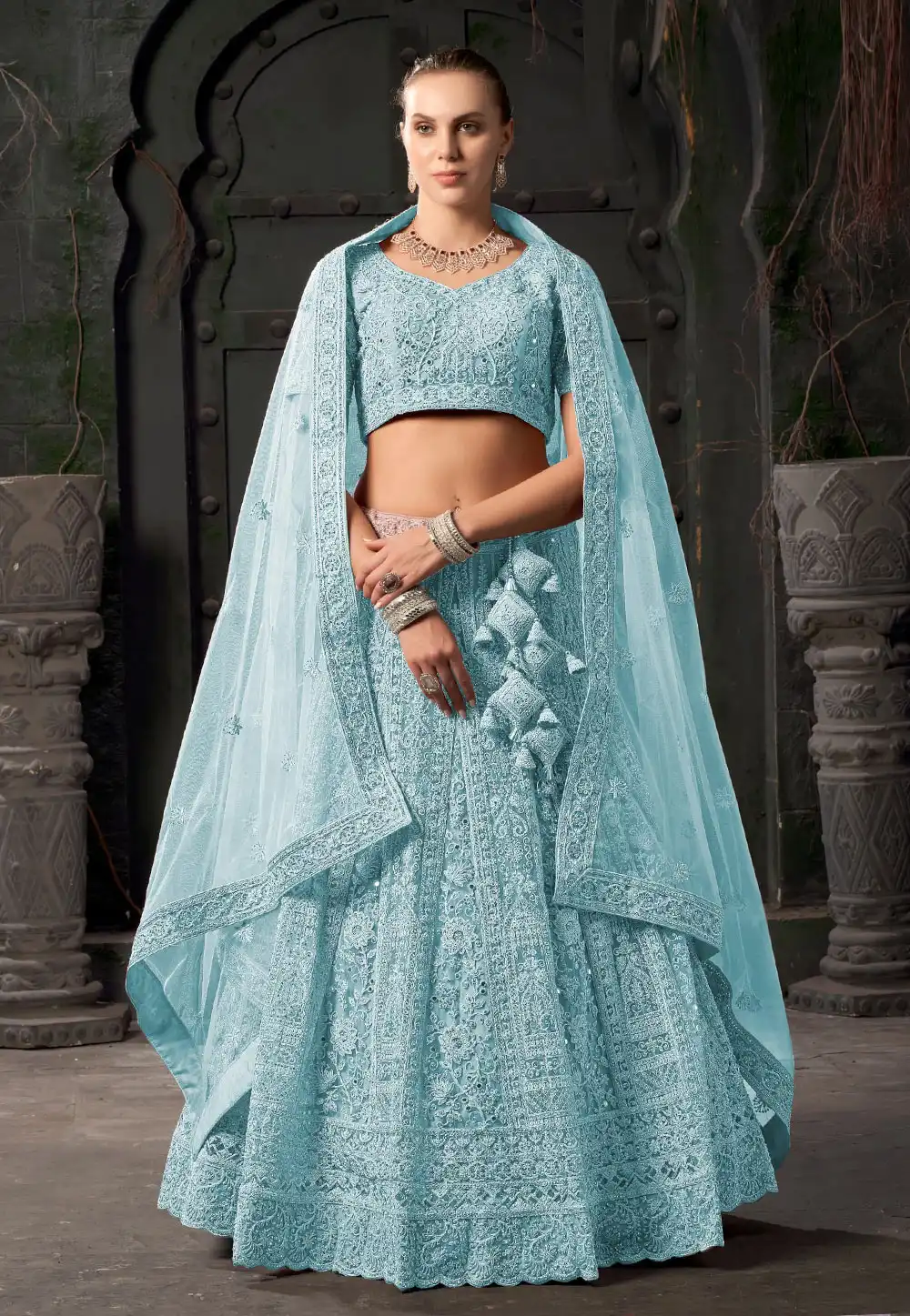 Sky Blue Net Lehenga Choli For Wedding 293876