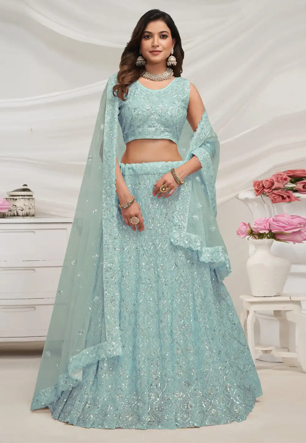 Sky Blue Net Lehenga Choli 288593