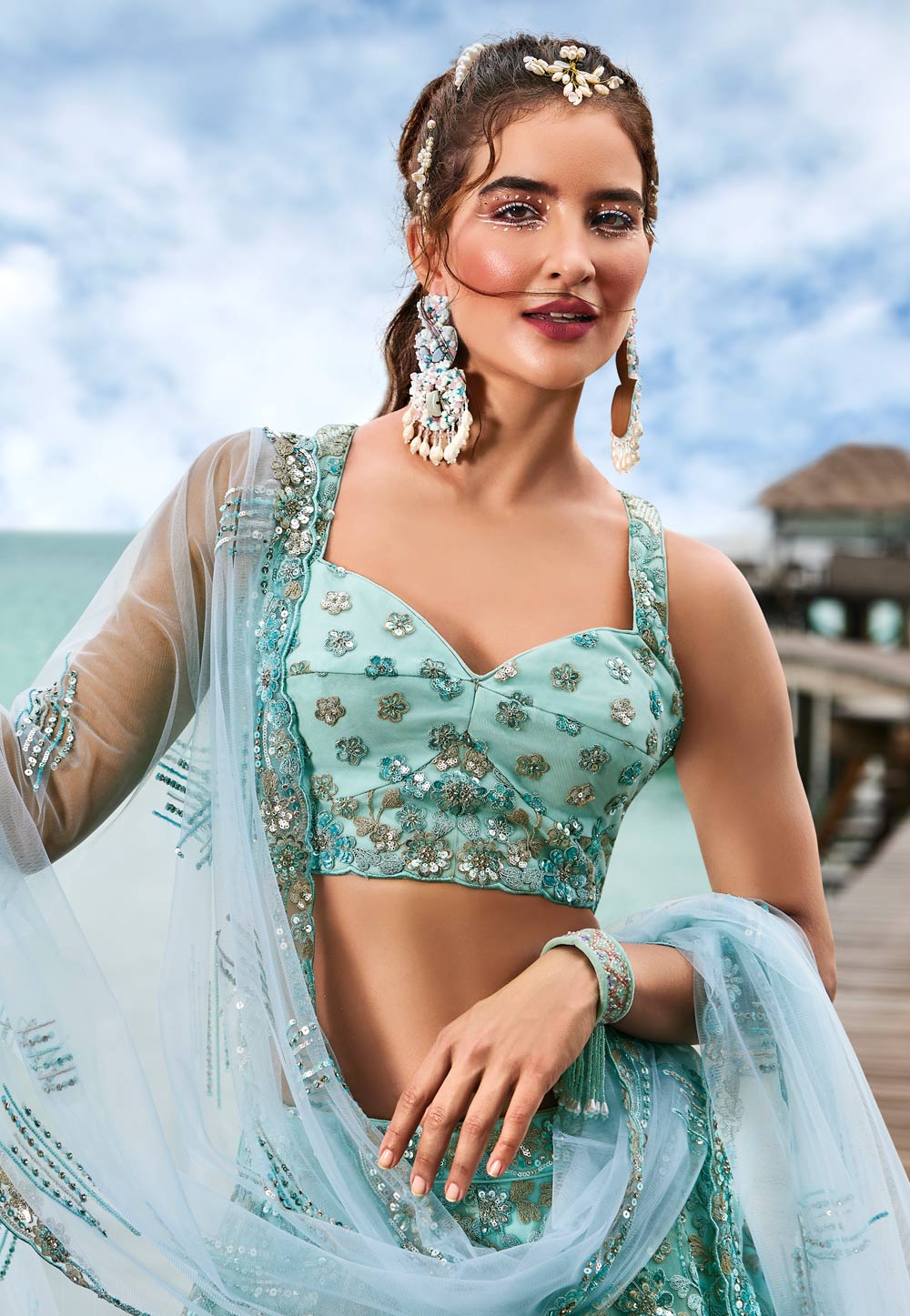 Mulmul Organza Bimli Light Blue Lehenga With Mulmul Luxe Silk Bimli Li