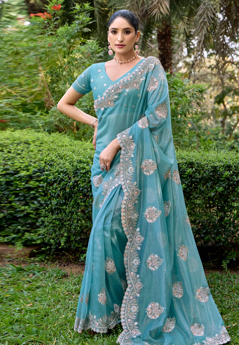 Sky Blue Net Saree With Blouse 305656