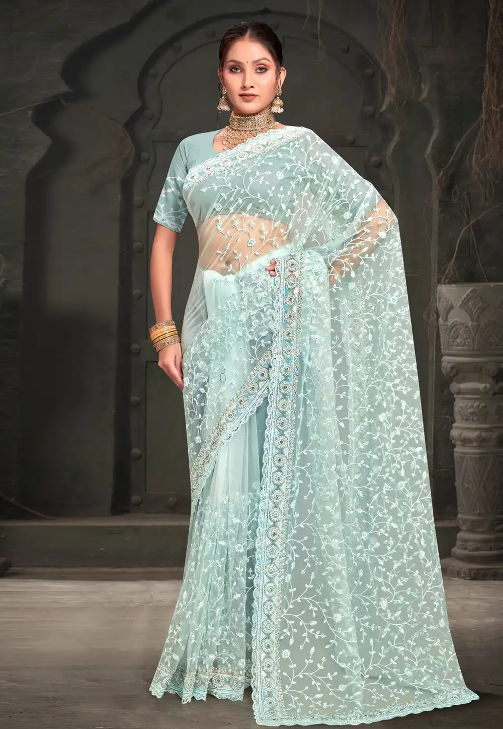 Sky Blue Net Saree With Blouse 293742