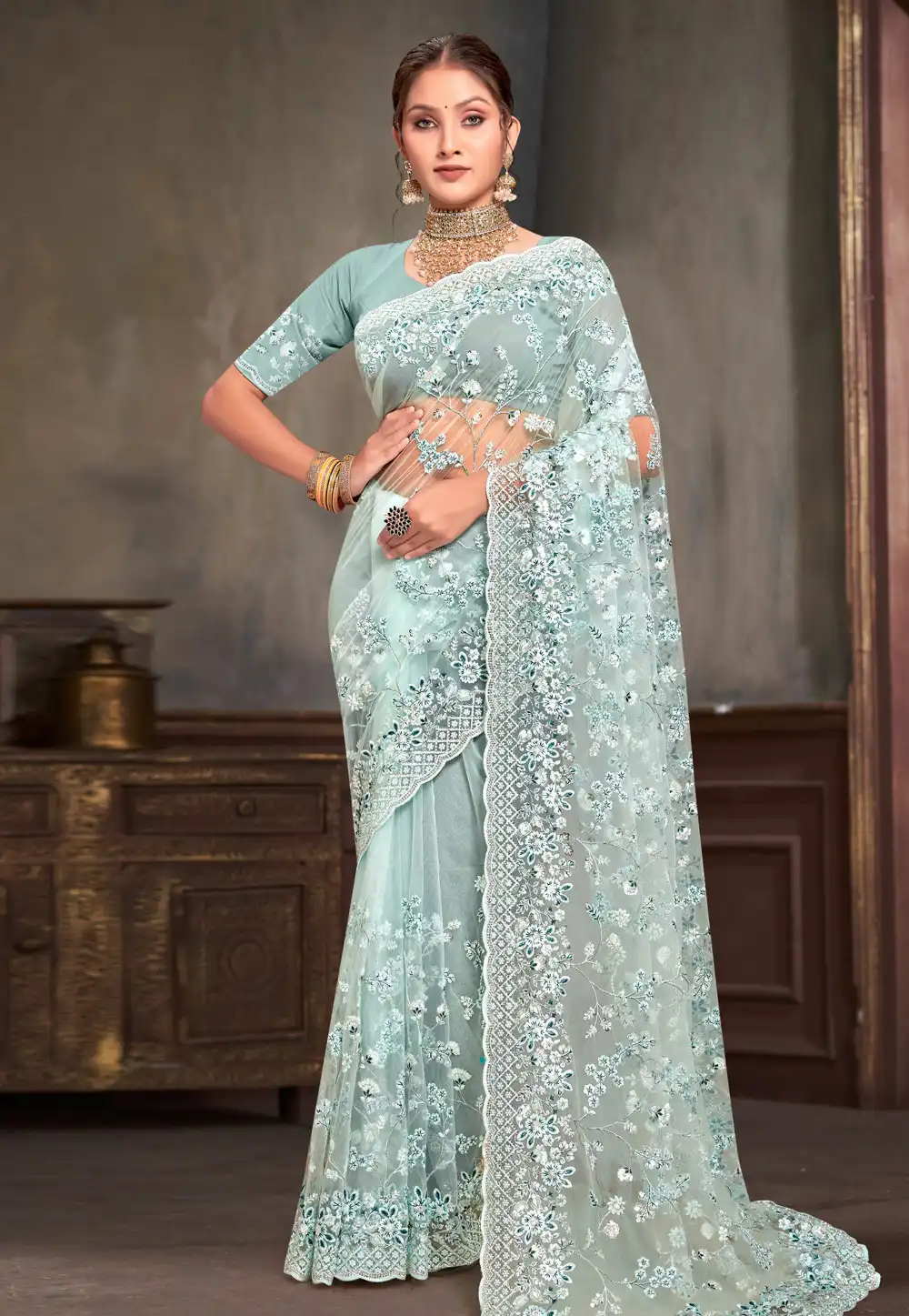 Sky Blue Net Saree With Blouse 293747