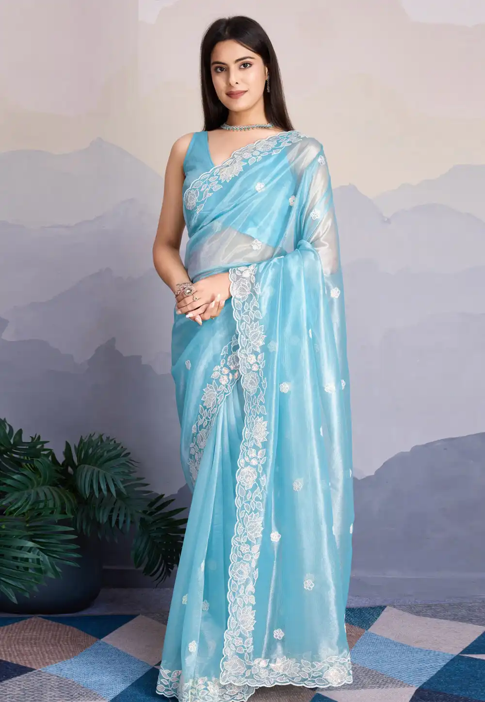 Sky Blue Net Saree With Blouse 293891