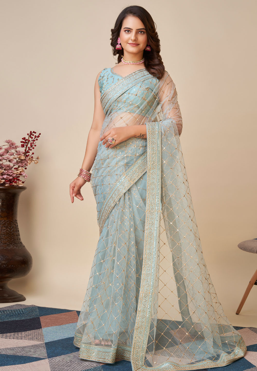 Sky Blue Net Saree With Blouse 287536