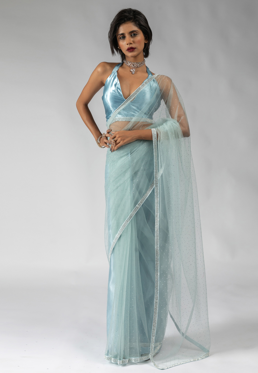 Sky Blue Net Saree With Blouse 309354