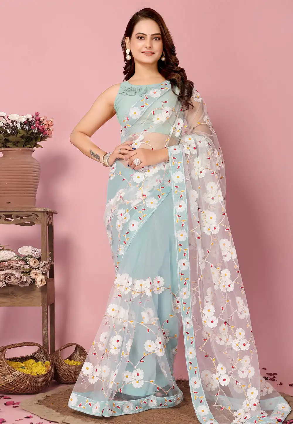 Sky Blue Net Saree With Blouse 289961