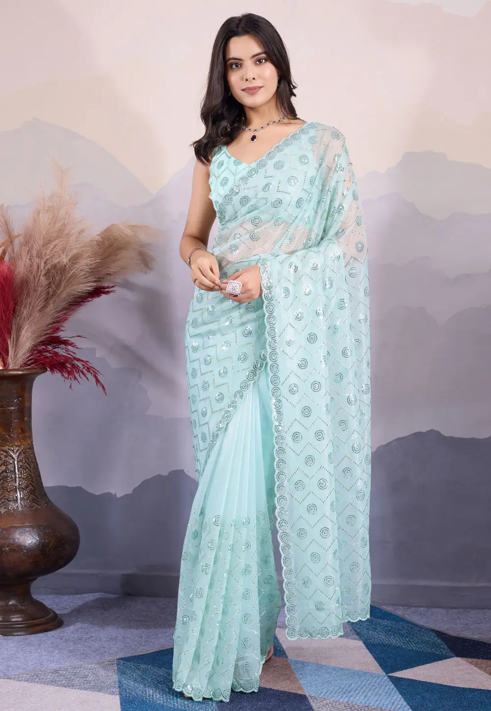 Sky Blue Net Saree With Blouse 295501