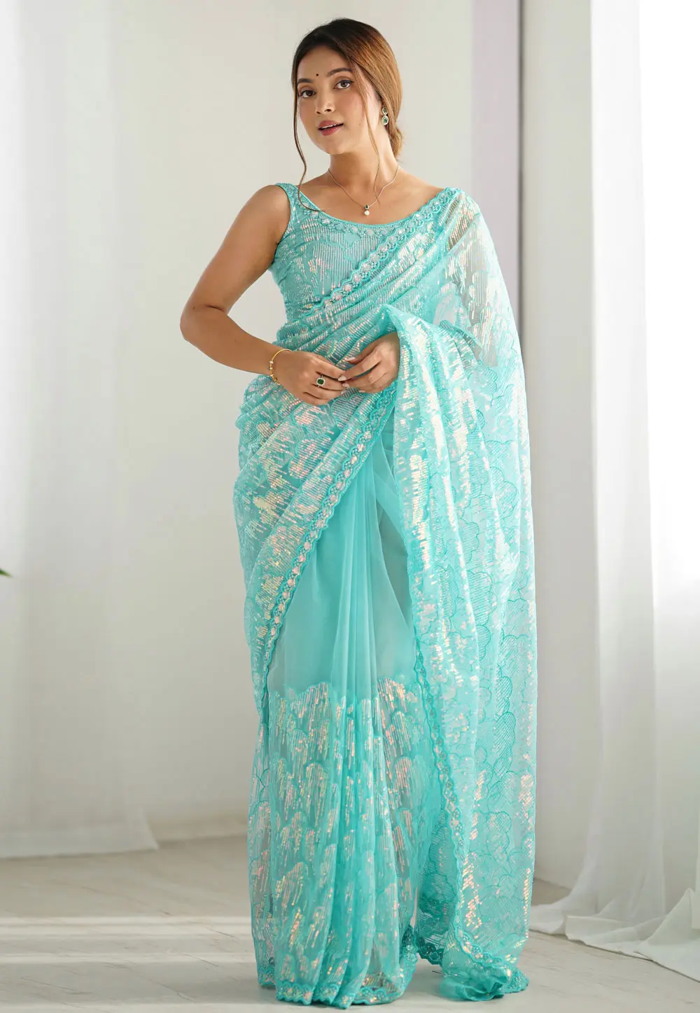 Sky Blue Net Saree With Blouse 300316