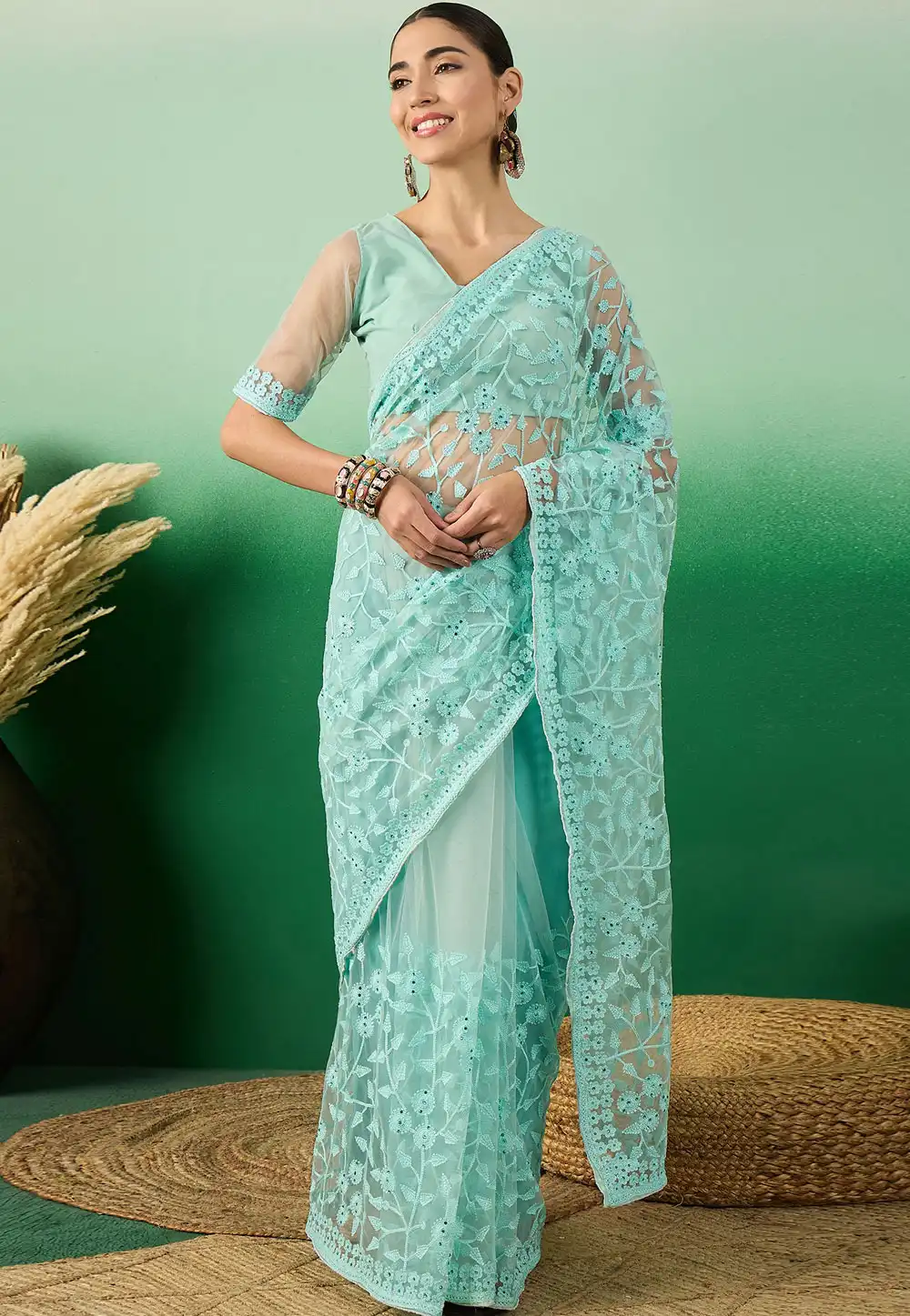 Sky Blue Net Saree With Blouse 289761