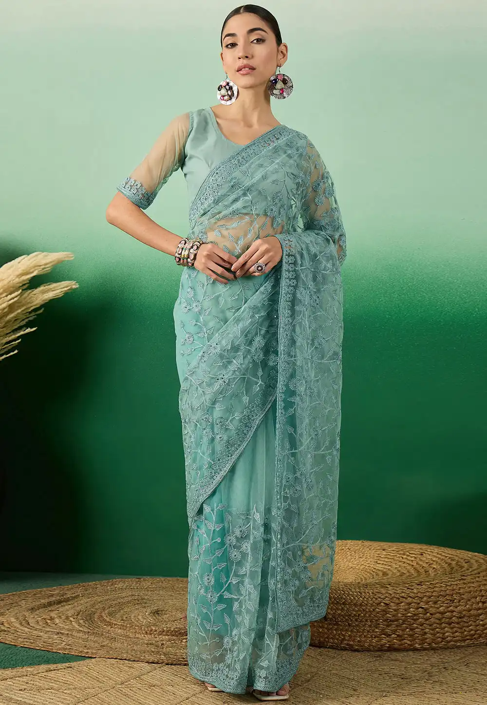 Sky Blue Net Saree With Blouse 289763