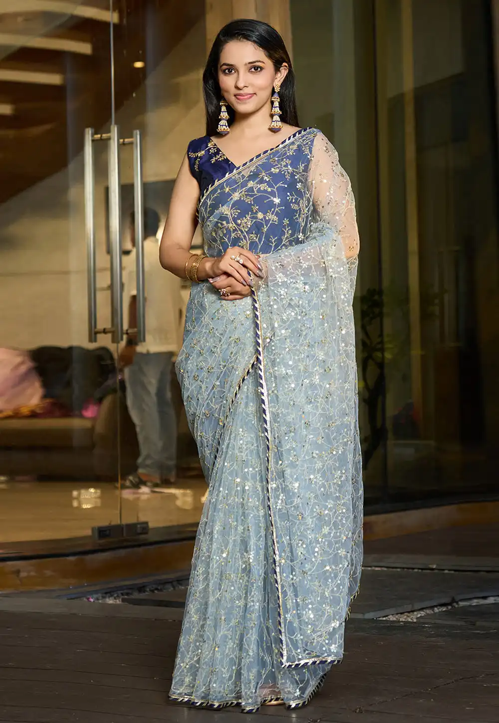 Sky Blue Net Sequence Saree 294120