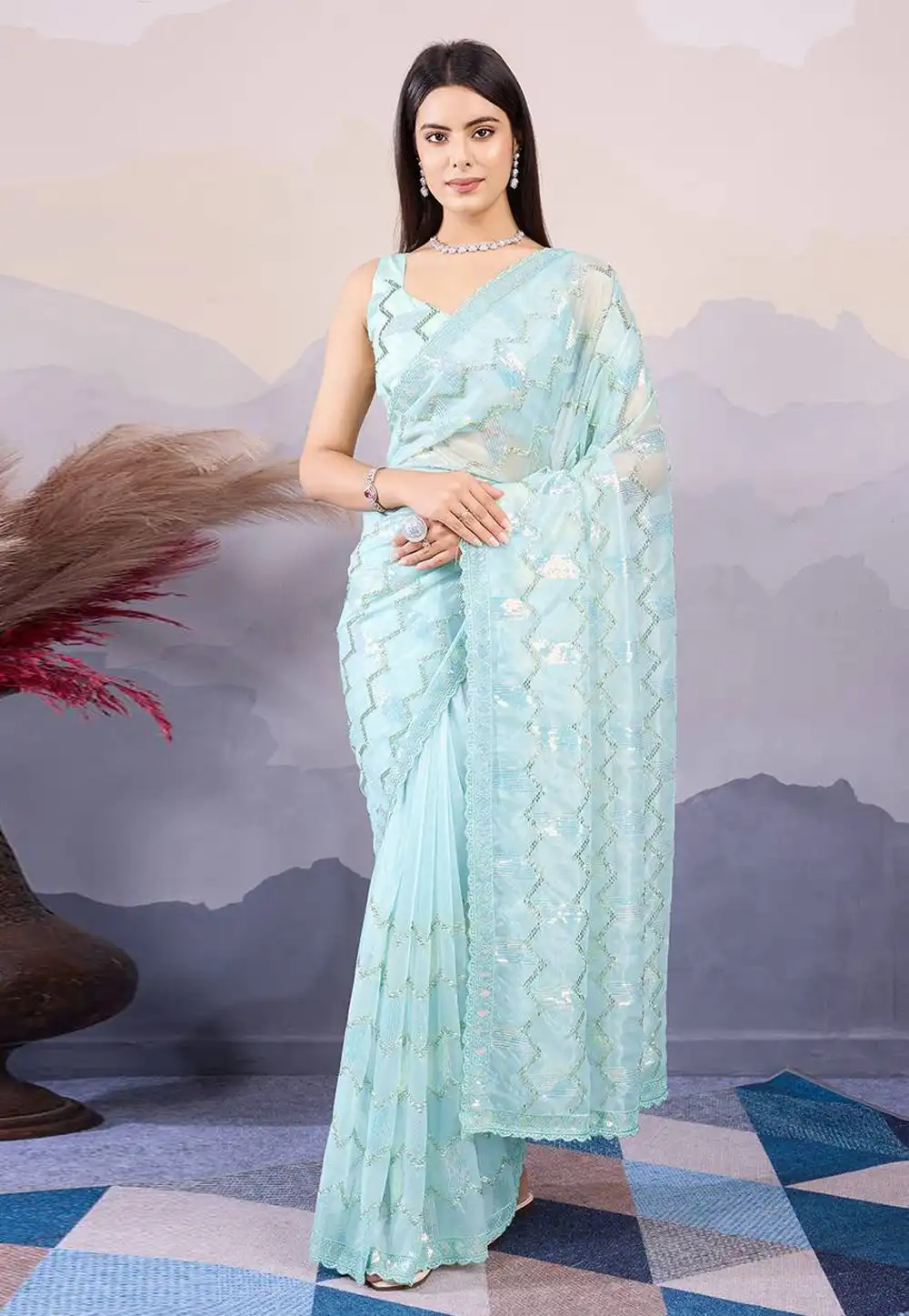 Sky Blue Net Sequence Saree 294781