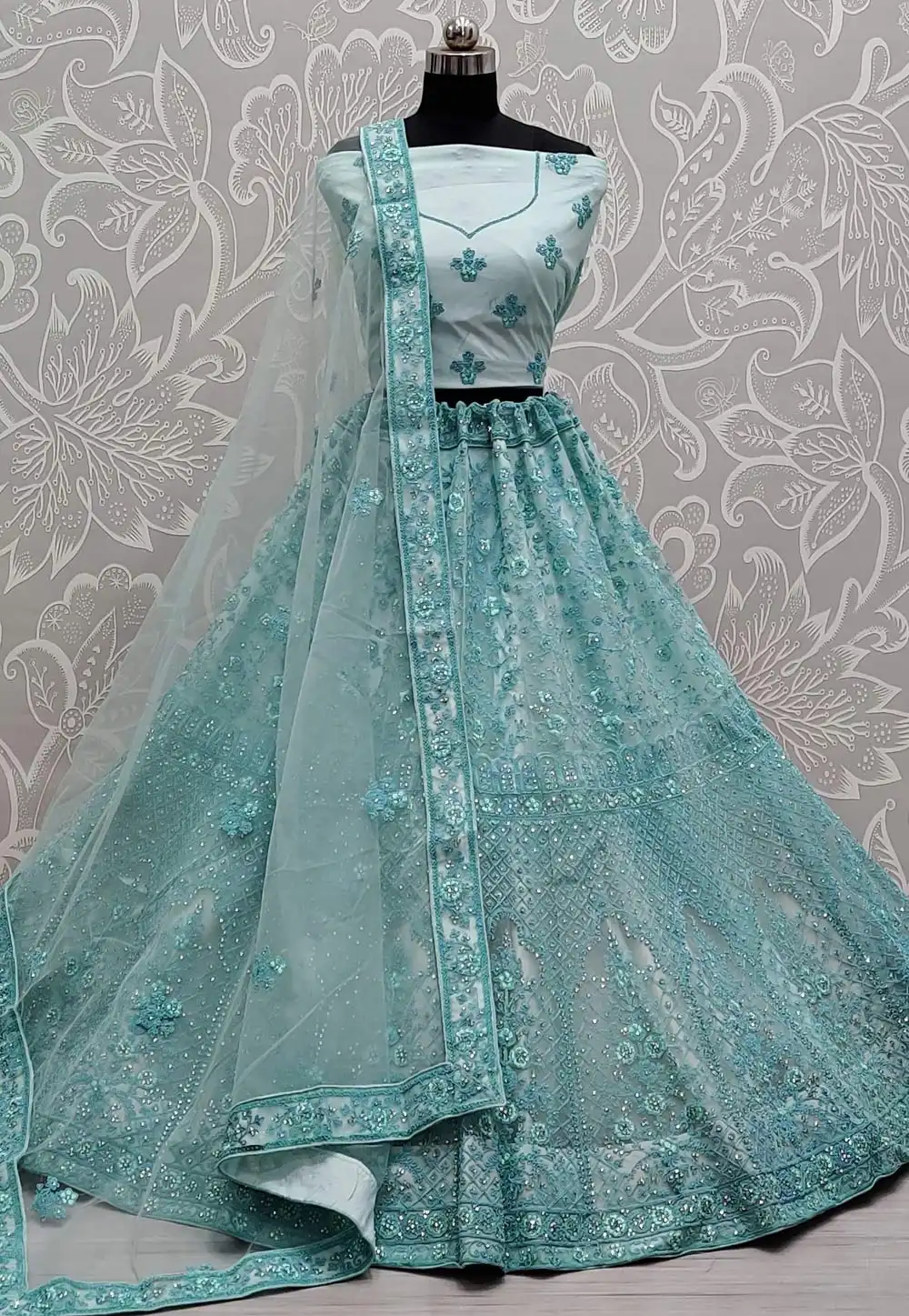 Sky Blue Net Wedding Lehenga Choli 292120