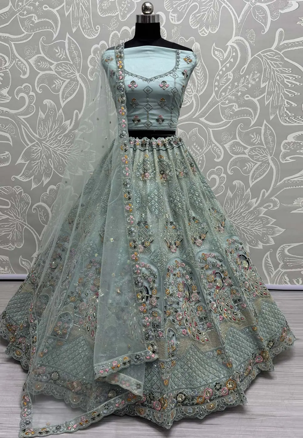 Sky Blue Net Wedding Lehenga Choli 303958