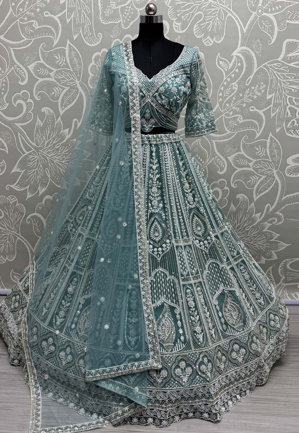 Sky Blue Net Wedding Lehenga Choli 310324