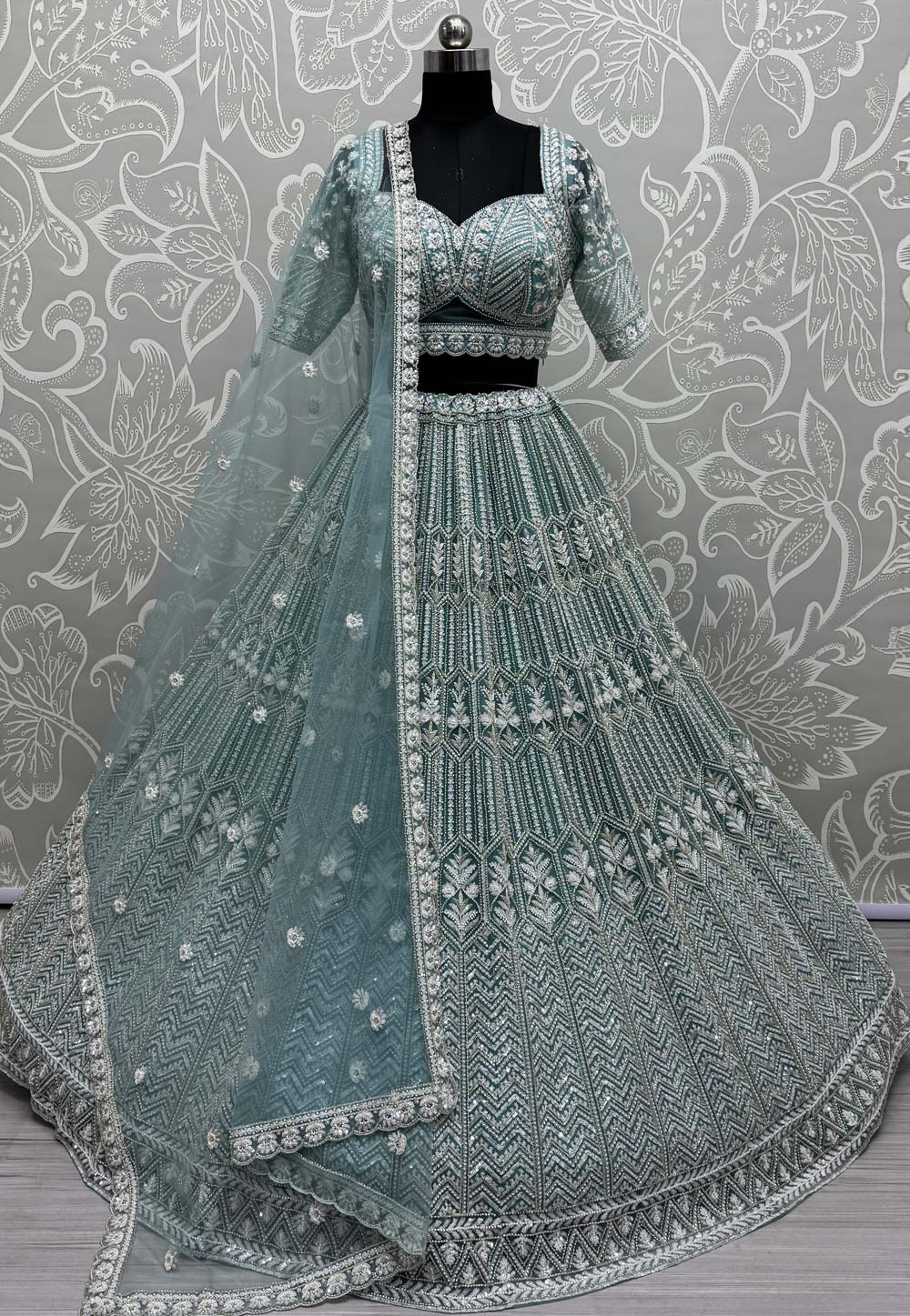 Sky Blue Net Wedding Lehenga Choli 310328