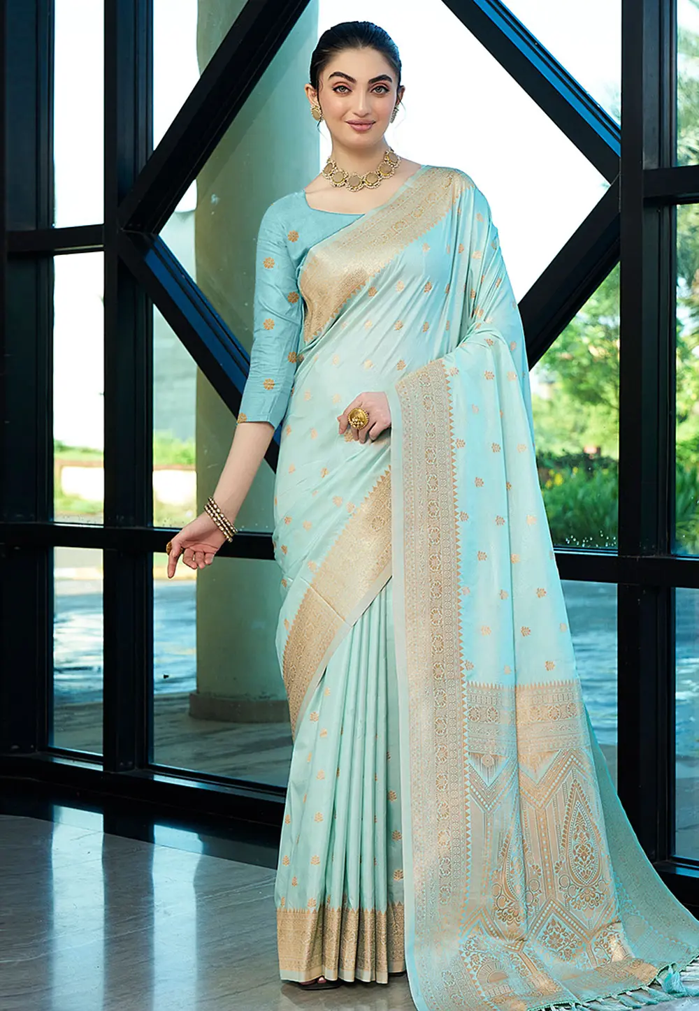 Sky Blue Nylon Saree With Blouse 301570