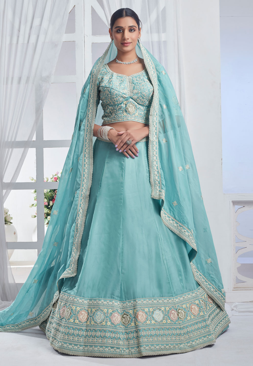 Sky Blue Organza Circular Lehenga Choli 286639