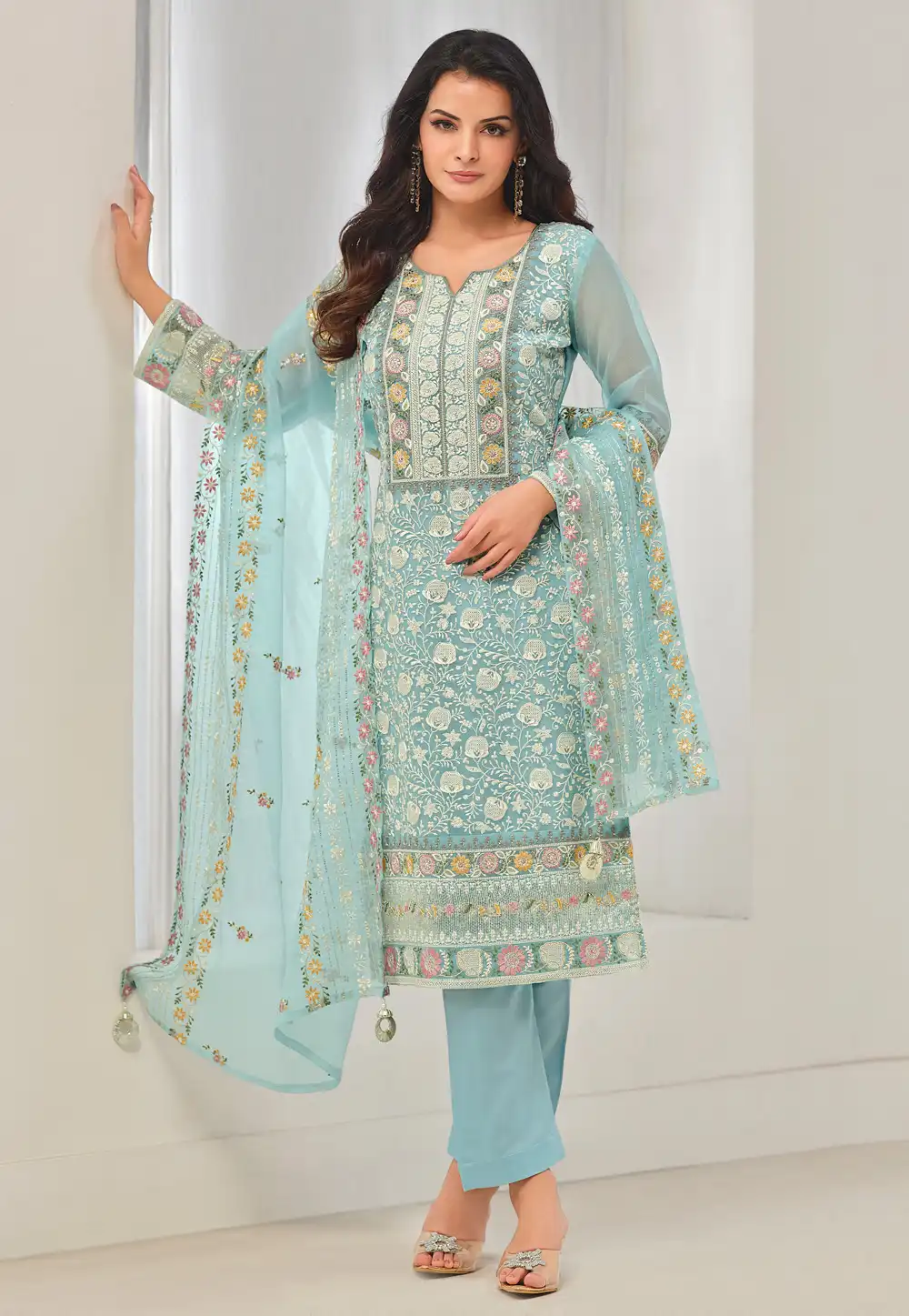 Sky Blue Organza Embroidered Pakistani Suit 292048