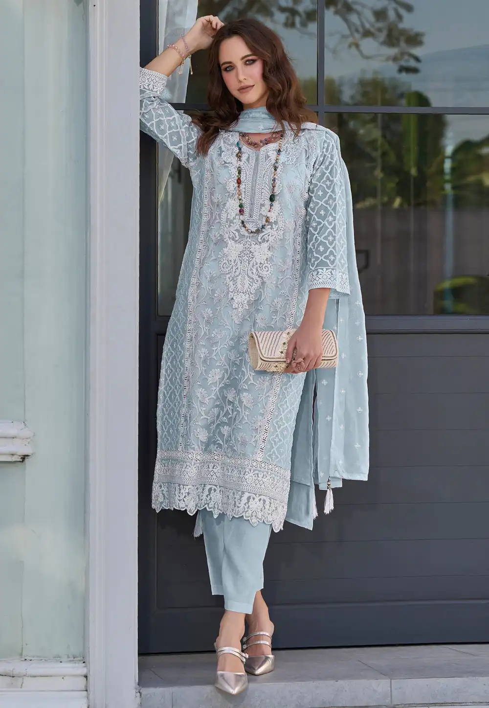 Sky Blue Organza Embroidered Readymade Pant Style Suit 291163