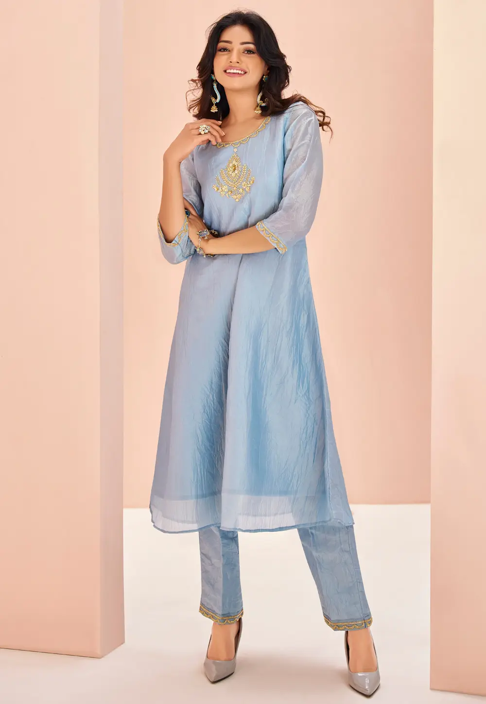 Sky Blue Organza Kurta Set With Pent 298451