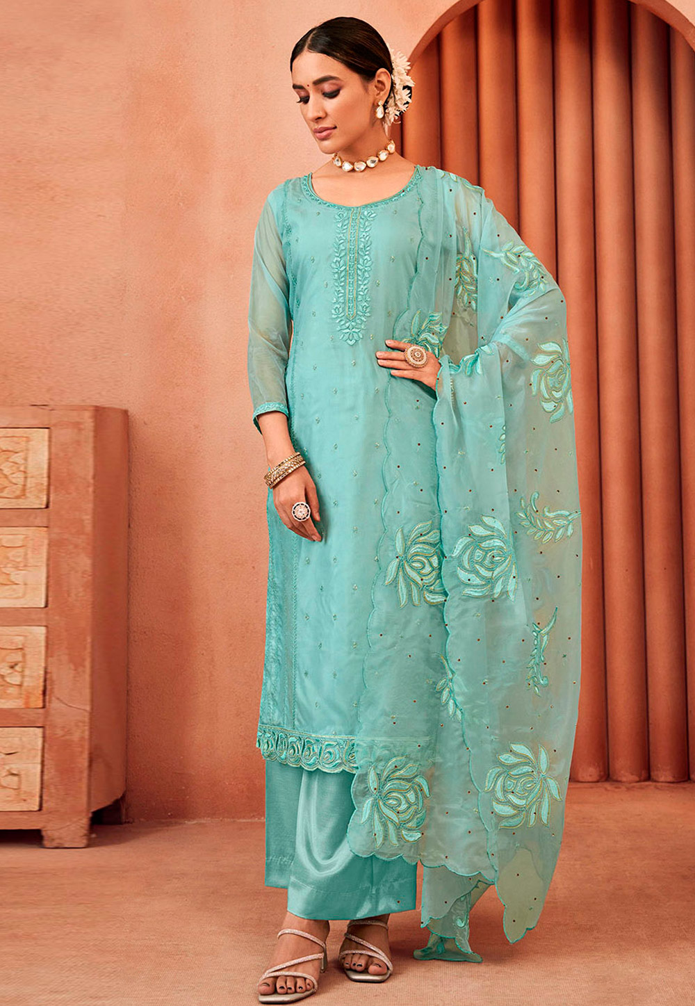 Sky Blue Organza Pakistani Suit 309493