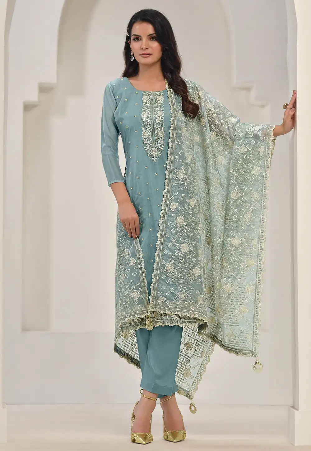 Sky Blue Organza Pant Style Suit 290975