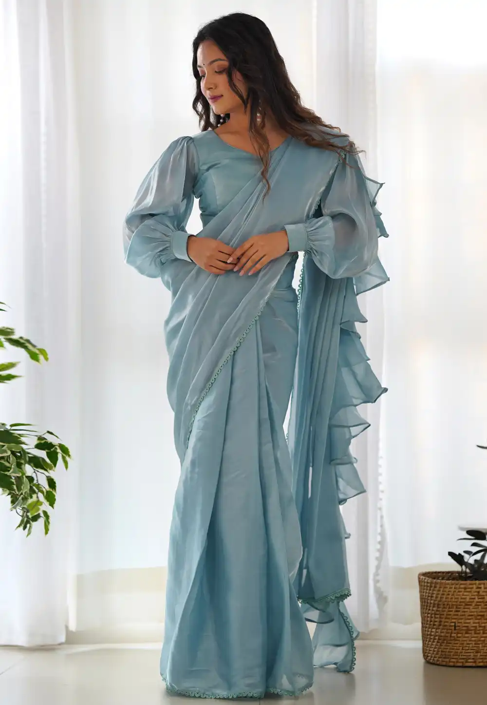 Sky Blue Organza Pre Stitched Saree 291209