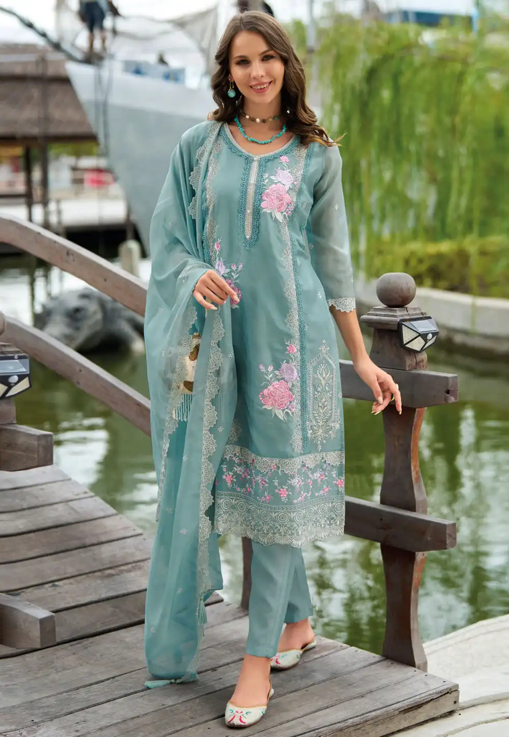 Sky Blue Organza Readymade Pakistani Suit 292170